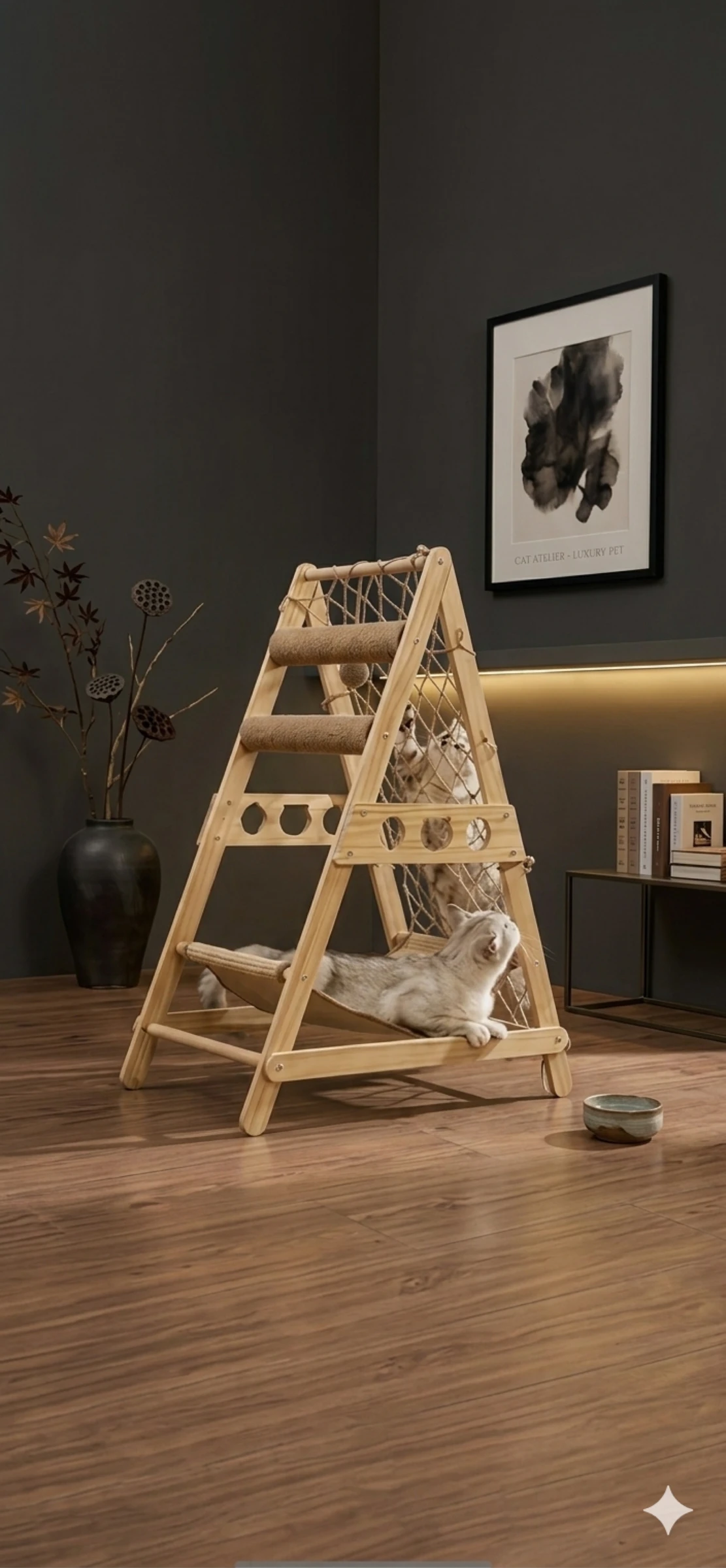 Arbre à Chat Design Triangle en Bois - Griffoir Hamac et Filet Escalade - NEUF